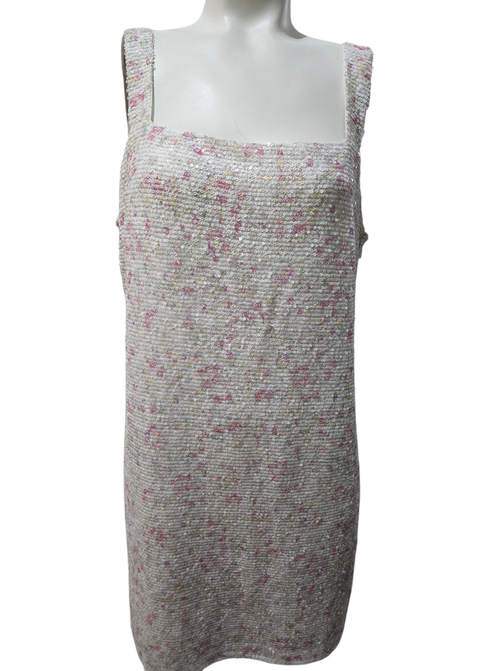 Emory Park Sequin Mini Dress Large White Iridescent Pink Square Neck Sleeveless